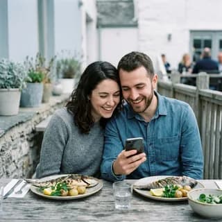 Una coppia guarda insieme il telefono a tavola