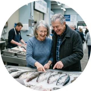 Due nonni scelgono il pesce al banco