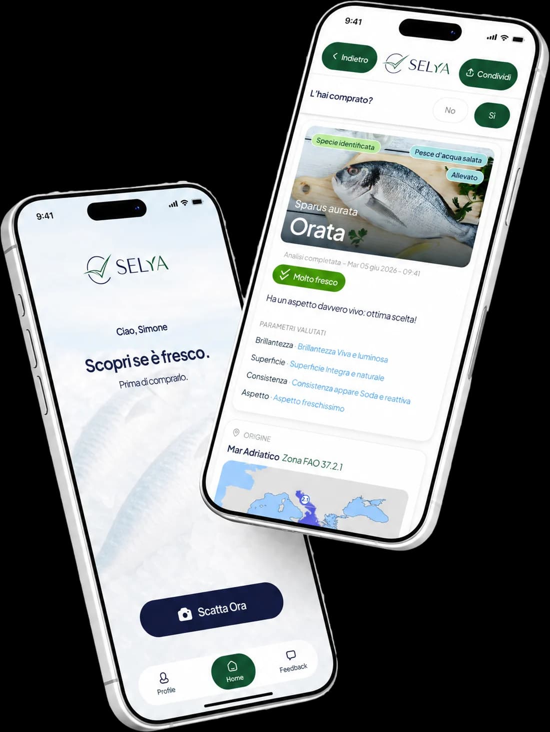 L'app Selya: la schermata iniziale e la scheda di analisi di un'orata